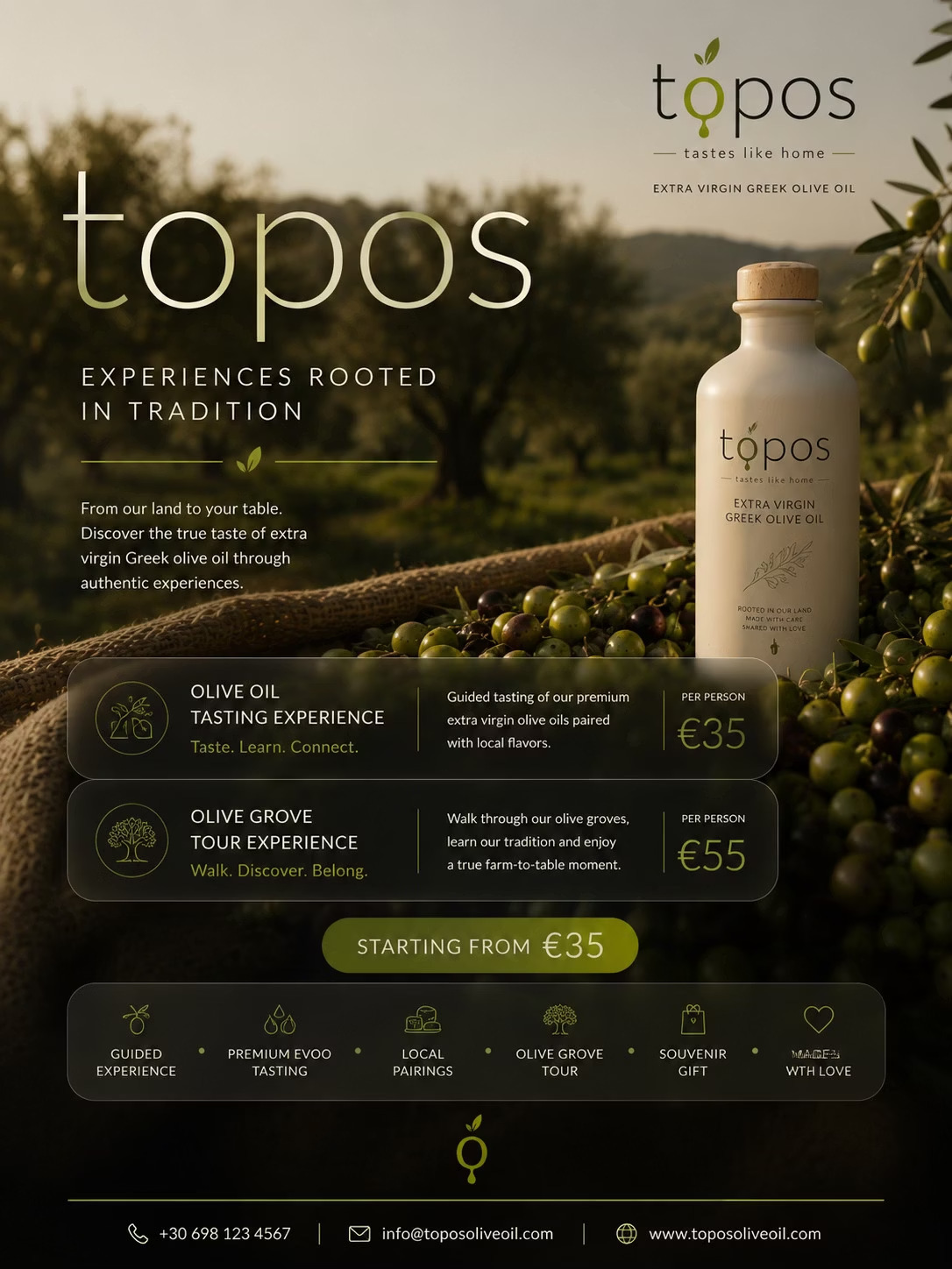 topos extra virgin olive oil bottle resting on burlap among fresh Manaki olives